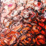 Textured abstract oil painting of red, orange, and pink roses titled Flowers of Sofia Valley, featuring thick palette knife impasto brushstrokes.