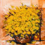 Golden Greeting Flowers abstract impasto oil painting of a vibrant yellow floral bouquet in a vase with textured brushstrokes and warm orange background.