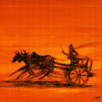 Mere Pind Di Saver Punjabi village painting featuring a traditional bullock cart silhouette against a vibrant orange morning background, original artwork by Gurdish Pannu.