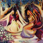 Punjabi Painting Giddha Trinjana depicting traditional Punjabi women gathered under trees in vibrant traditional attire, a colorful cultural artwork available for sale.