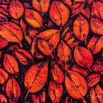 Red Indian Petals original acrylic painting featuring a vibrant, textured pattern of fiery orange and deep red leaves or petals layered over a dark background.