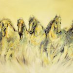 Seven beautiful galloping horses painting in warm golden and cream tones, depicting powerful horses charging forward through a misty or grassy terrain.