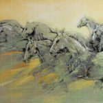 The Seven Running Horse Painting, an original textured canvas artwork featuring seven powerful horses galloping dynamically against a warm, abstract golden and earthy background.