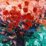 Vibrant impasto oil painting titled The Beauty of Mauritius featuring textured red flowers against a colorful teal, orange, and pink abstract background.