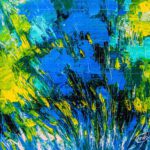 Abstract textured palette knife painting titled The Blue Forest, featuring vibrant blue flowers, bright yellow highlights, and lime green foliage.