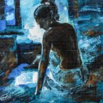 The Girl in Moonlight acrylic fine art painting featuring a textured silhouette of a seated woman bathed in blue and white moonlit tones.