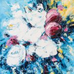 Abstract impasto oil painting of white and pink flowers titled The White Flowers, featuring heavy palette knife texture on a vibrant blue and yellow background.