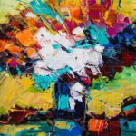 Abstract floral palette knife oil painting titled Tulip Flowers featuring vibrant yellow, orange, and blue textured brushstrokes.