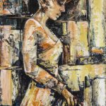Textured original expressionist painting titled Beat Without You featuring a reflective woman holding an instrument in earthy gold and brown tones.