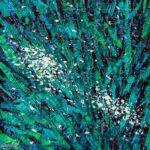 Abstract floral painting titled Blooming Flowers featuring vibrant teal, emerald green, and white palette knife textures.