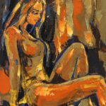Celebration Of Silence expressionist figurative painting featuring a contemplative seated woman in warm golden and orange tones