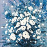 Abstract floral acrylic painting titled Dazzling Flowers featuring textured impasto white blossoms with dynamic blue and teal palette knife brushstrokes.