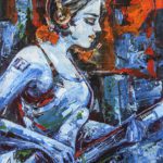 Guitar Girl Wembley original fine art painting featuring a female guitarist with headphones rendered in blue and orange expressionist style