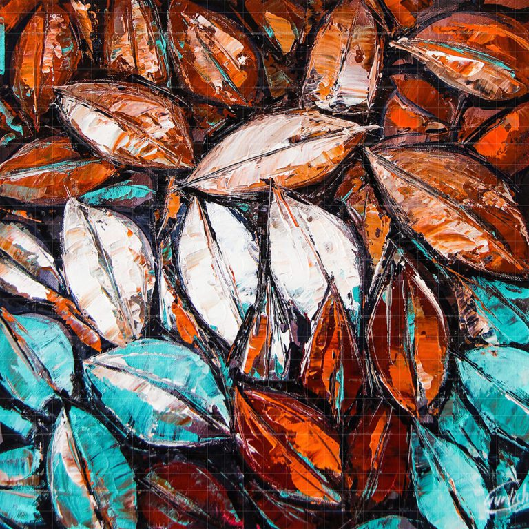 Heavenly Leaves original impasto painting featuring textured copper, teal, and white leaves hand-painted with a palette knife.