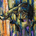 Layers of Love textured expressionist oil painting featuring a woman in profile surrounded by abstract blue, orange, and gold brushstrokes.