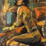Love Days Angelina original painting, a textured impasto portrait of a seated woman in warm earthy, brown, and orange tones.