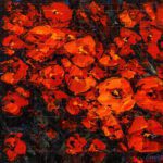 Vibrant red and orange floral oil painting titled Morning Flowers, featuring textured impasto brushstrokes of blooming poppies against a dark, dramatic background.