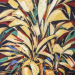 Abstract botanical painting titled Petals of Love featuring tall cream and yellow leaves bursting from two potted plants against deep red and navy accents