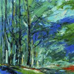 Silent Night, an abstract impressionist forest landscape painting featuring textured tall birch trees, vibrant cool blue and green tones, and expressive palette knife brushstrokes.