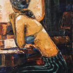 Impasto oil painting of a woman seated near a illuminated window in a contemplative pose, wearing a headscarf and striped trousers.