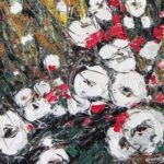 Abstract floral palette knife textured painting titled The Flower Valley featuring white and red blossoms.