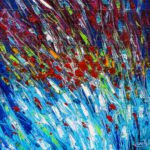 The Flowers of Amsterdam abstract floral painting featuring vibrant red tulips and textured blue, purple, and green palette knife strokes.