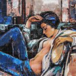 Impasto oil painting titled The Rebooting Mood featuring a woman relaxing in blue jeans and a white shirt, reflecting a contemplative mood in a modern palette knife art style.