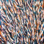 Abstract acrylic palette knife painting titled The Wall Of Beauty featuring textured vertical strokes of white, orange, blue, and purple.