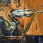 Expressionist oil painting titled "The Weekend Music" featuring a woman playing a violin against a warm ochre background.