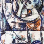 Abstract expressionist painting Universe Of Inner Voice showing a woman in profile listening closely to a shell or vessel against a textured blue and orange background.