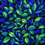 Acrylic abstract painting titled Wall of Petals featuring a dense, textured pattern of vibrant green and deep blue leaf-like petals over a dark background.