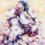 Abstract floral painting of a bouquet of white roses titled White Roses, featuring thick textured palette knife strokes with deep burgundy and blue accents on a warm cream background.