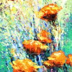 Vibrant orange marigold flowers in an abstract impressionist floral painting, featuring thick textured palette knife strokes of green, yellow, and blue by contemporary artist Gurdish Pannu.
