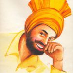 Vibrant Punjabi Jatt Gabru painting celebrating Vaisakhi festival, featuring a smiling man in a traditional bright yellow turban and kurta.