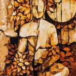 Abstract Lord Buddha acrylic painting in warm gold, ochre, and brown tones meditating under Bodhi tree leaves, titled The Eternal Light.