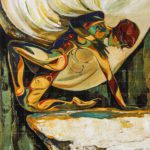 Abstract acrylic painting titled The Inner Stillness featuring a stylized, colorful human figure crouching on a rocky ledge beneath sweeping white and gold brushstrokes.
