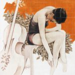 A Violent Prayer - Figurative Art painting featuring a seated ballerina in a dark leotard, bowing her head in emotion next to a cello against an orange and white background with leaves.