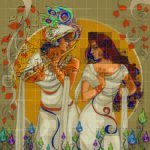 Radha Krishna Samvad eternal spiritual bliss Indian art painting featuring Lord Krishna playing the flute beside Radha amidst stylized floral patterns and a golden halo background.