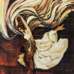 Flying High- The Desires of Love original romantic painting featuring a man lifting a woman in a white dress into the air, surrounded by flowing, colorful abstract fabric waves against a dark background.