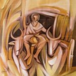 Mere Pind da Kisaan Punjabi Village Art painting featuring a traditional Indian farmer steering a bullock cart in warm abstract tones.