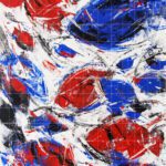 Abstract acrylic fish painting titled The Soul of Marine - Fortune Fish Painting, featuring vibrant red and blue koi fish swimming in dynamic, textured white and black water.