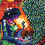 Modern abstract painting of a woman sharing an emotional look with a peacock, featuring vibrant green, blue, and orange colors.
