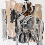 The Rebellious Wild original painting featuring a woman in a black and orange swimsuit riding a horse, stylized with textured brown and grey background tones.