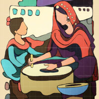 The Everlasting Relation original painting depicting an Indian mother and child using a traditional stone hand grinder, stylized cultural fine art for sale.