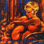 Impressionist acrylic painting titled A Thousand Moments featuring a blonde woman wearing headphones, sitting introspectively amidst vibrant orange, red, and deep blue brushstrokes.