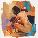 Expressionist fine art painting titled Her crescent self featuring a nude woman crouching in a curved, crescent-like pose surrounded by abstract brushstrokes of blue, orange, and purple.