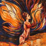 Vibrant acrylic fantasy painting titled The Magic Wings featuring a woman with large, fiery orange and gold butterfly wings against a dark, textured background.