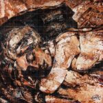 Abstract expressionist textured painting titled The sweet slumber depicting a sleeping figure in warm earth tones of brown, ochre, and beige.