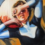 Contemporary fine art painting titled Her Cosmic Space, featuring a woman lying down with her arm over her eyes, painted in a dramatic surrealist style with warm lighting and deep blue contrasts.
