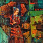 Just a Gaze, a contemporary abstract oil painting of a woman with a high bun looking down thoughtfully, surrounded by rich textured geometric shapes in orange, green, and teal blocks.